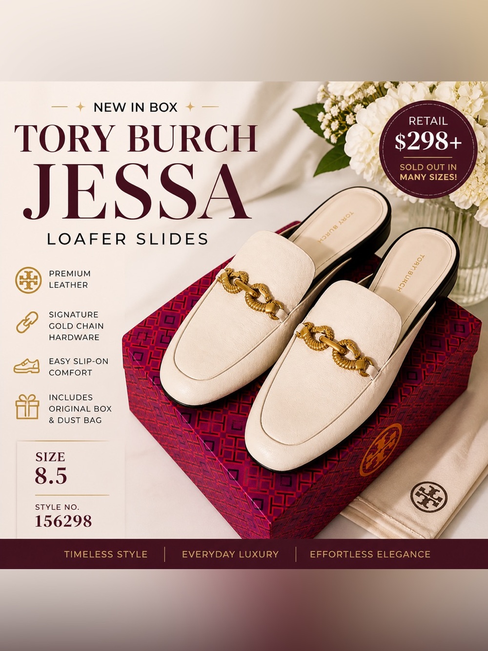 Tory Burch Jessa Loafer Slides Cream Leather Gold Chain Mules NIBOX Size 8.5